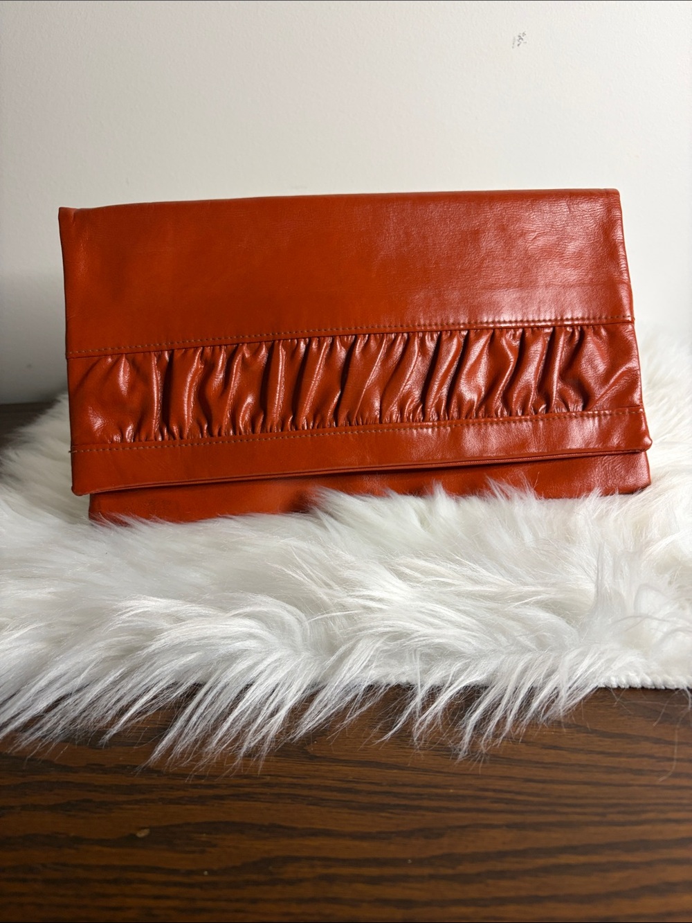 Women's Rust Orange Fold-Over Leather Clutch with Ruched Detail